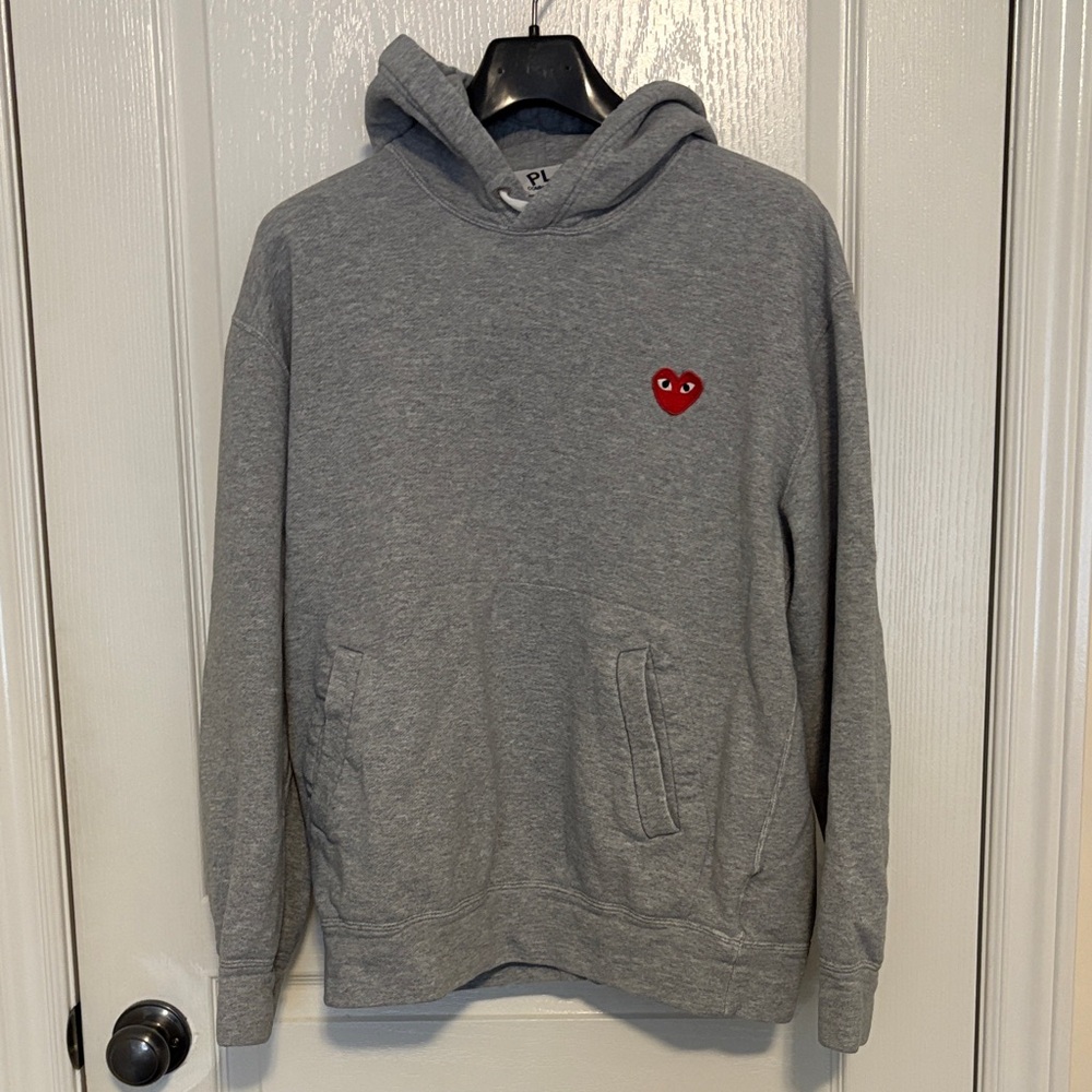Comme des Garcons PLAY Grey Crewneck Hoodie with Red Heart Patch